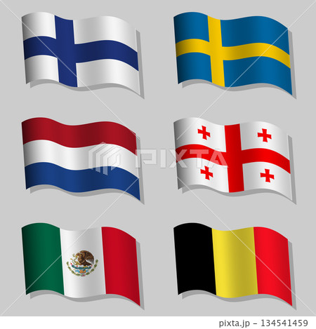 Collection of wavy flags with flagpoles Collection of wavy flags with flagpoles 134541459