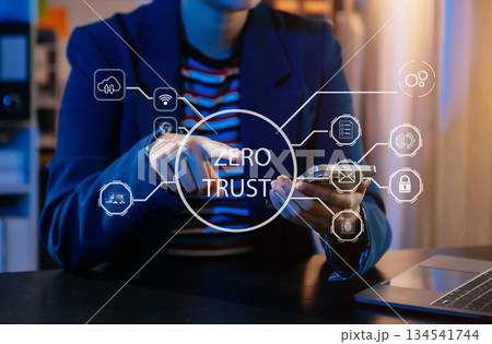 Zero trust security concept Person using computer and tablet with zero trust icon on virtual screen 134541744