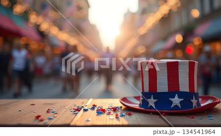 A colorful patriotic hat is placed on a table, with a vibrant crowd enjoying fireworks during the July 4th festivities 134541964