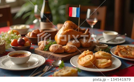 A celebratory table with food and wine 134541979