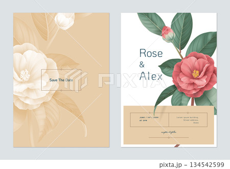 Floral wedding invitation card template design, red Semi-double Camellia flowers with leaves on brown and white Floral wedding invitation card template design, red Semi-double Camellia flowers with leaves on brown and white 134542599