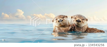 Two otters swim together in a clear blue ocean. Two otters swim together in a clear blue ocean. 134543256
