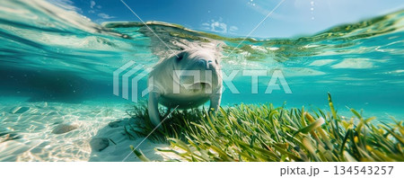 Manatee swimming underwater in clear blue water with seagrass. 134543257