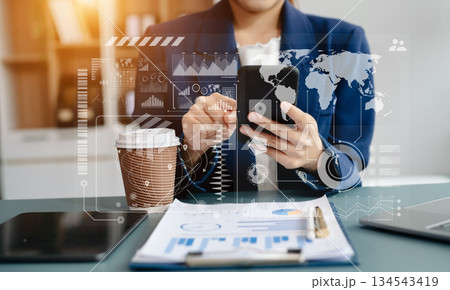 Financial report data of business operations balance sheet and income statement as Fintech concept. 134543419