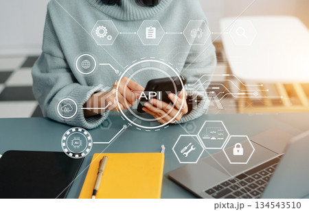 API Application Programming Interface, woman using laptop, tablet and smartphone with virtual screen API icon Software development tool, API Application Programming Interface, woman using laptop, tablet and smartphone with virtual screen API icon Software development tool, 134543510