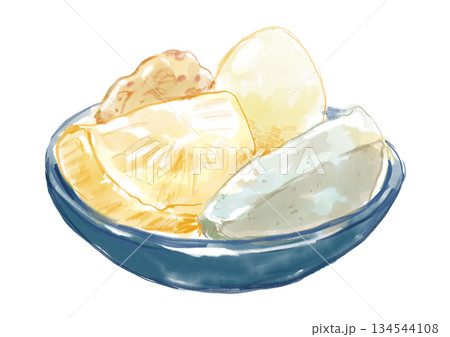 美味しそうなホカホカの温かいおでんの手描き水彩イラスト 134544108