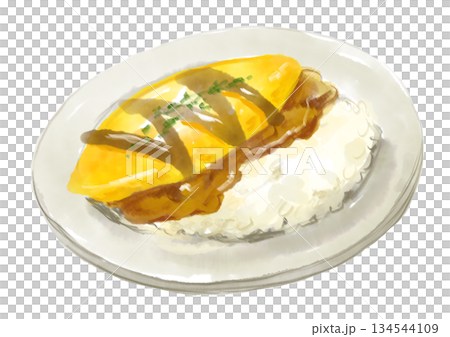 一幅手繪水彩插圖，描繪了美味的咖哩煎蛋捲，上面蓋著蓬鬆的煎蛋捲。 134544109