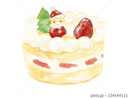 賑やかで美味しそうなサンタとツリーの乗ったクリスマスのホールケーキの手描き水彩イラスト 134544111
