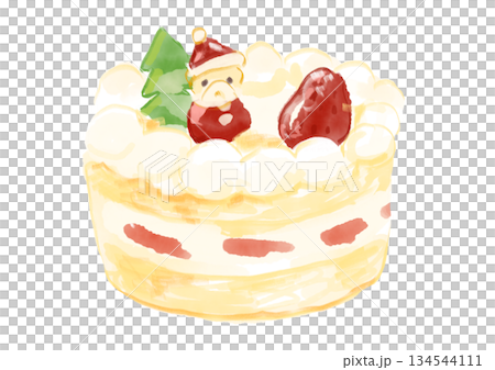 一幅手繪水彩插圖，描繪了一個生動可愛、看起來十分美味的聖誕老人和一個帶有聖誕樹的完整聖誕蛋糕。 134544111