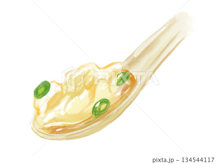 プリプリで美味しそうなレンゲに乗った水餃子の手描き水彩イラスト 134544117