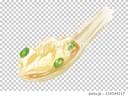 プリプリで美味しそうなレンゲに乗った水餃子の手描き水彩イラスト 134544117
