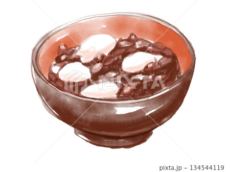 美味しそうな粒あんたっぷりの白玉ぜんざいの手描き水彩イラスト 134544119