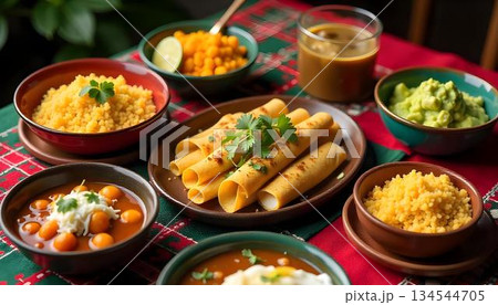 A festive scene featuring Mexican food, flags, and decorations celebrating Mexico Independence Day 134544705