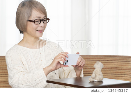 リビングでぬい活をするシニア女性 134545357