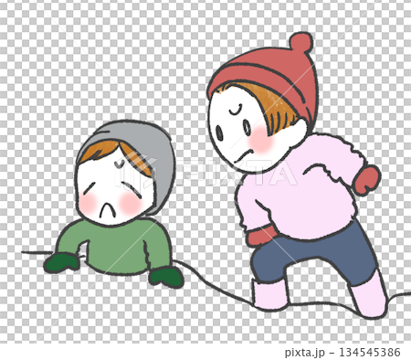 大雪で雪道にはまって苦労する子供達 134545386