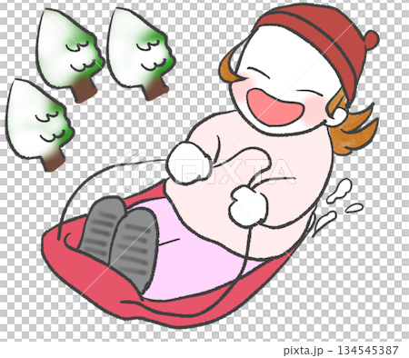 ソリで坂を滑り下りる女の子 ソリで坂を滑り下りる女の子 134545387