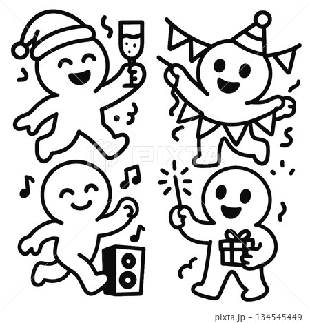Happy party characters celebrating with music, gifts, hats and confetti 134545449