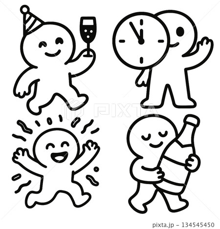 Festive celebration character holding glass and bottle, joyful party clock countdown Festive celebration character holding glass and bottle, joyful party clock countdown 134545450