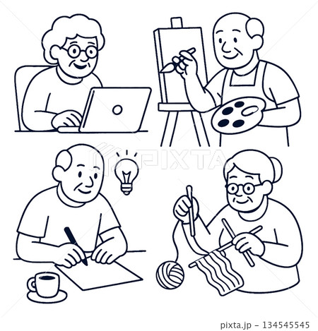 Isolated separated layered lineart outline of elderly people doing creative activities with 134545545