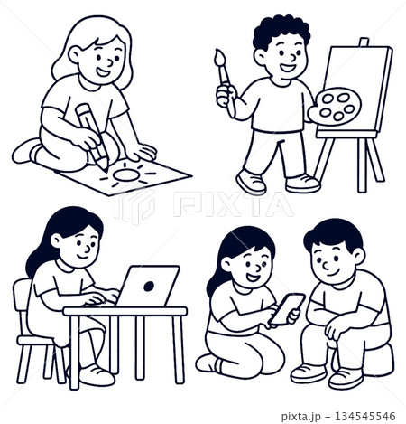 Isolated children separated in layered lineart outline style drawing, creative and happy emotion 134545546