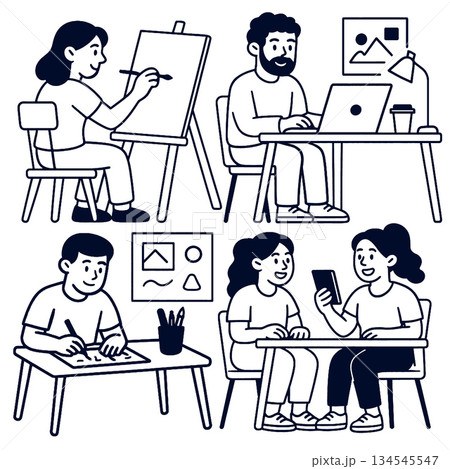 Isolated separated layered lineart outline illustration showing people drawing painting 134545547