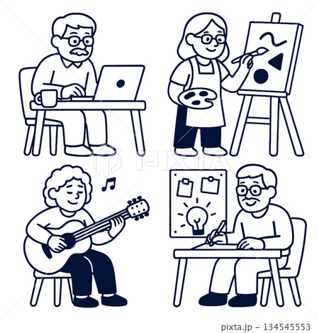 Isolated separated layered lineart outline of elderly people doing creative activities including 134545553