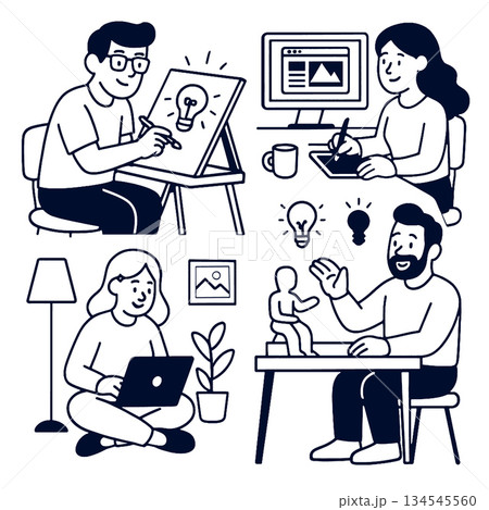 Isolated separated layered lineart outline of creative people working with digital 134545560