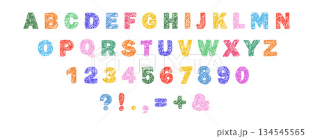 English alphabet crayon. Colorful and bold typescript font. Hand drawn pencil letters and numbers. Vector illustration 134545565