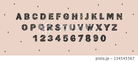 English alphabet crayon. Distressed crayon font. Childlike letters and chalk texture for school study. Retro design projects. Vector illustration. 134545567