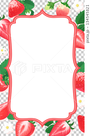 Hand-drawn strawberry illustration antique frame_vertical without text 134545821
