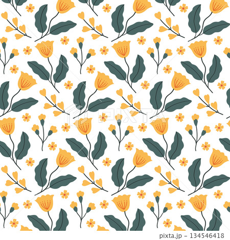 seamless yellow floral pattern for wallpaper, textile, gift-wrapping paper or decoration.	 134546418