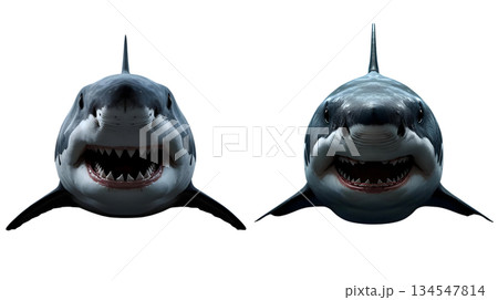 口を開いたホオジロザメの正面顔 134547814