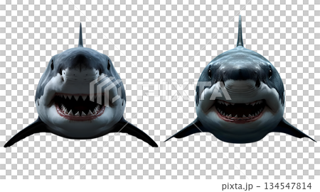口を開いたホオジロザメの正面顔 134547814