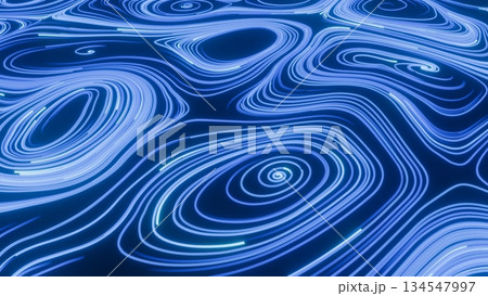 青い光の線が渦を巻き模様を描くCGエフェクト背景。デジタルな枯山水のような幻想的で優雅なイラスト 134547997
