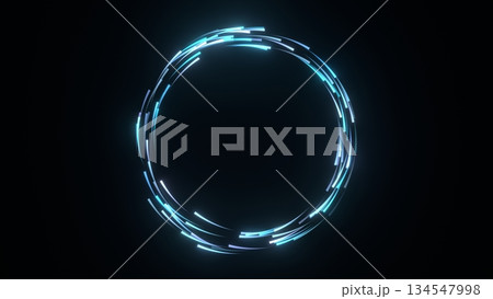 光の線が重なり合い円を描いたイラスト。魚の群れを抽象的に表現したアーティスティックな背景。 134547998