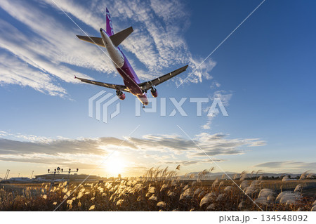 夕暮れの仙台空港　着陸中の飛行機　宮城県名取市 134548092