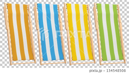 Set of striped beach chairs for summer getaways isolated on white background. 134548508