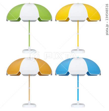 Set of striped beach umbrellas for summer getaways isolated on white background. Set of striped beach umbrellas for summer getaways isolated on white background. 134548516