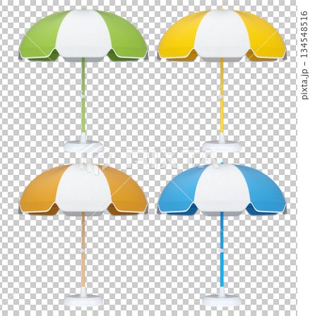 Set of striped beach umbrellas for summer getaways isolated on white background. Set of striped beach umbrellas for summer getaways isolated on white background. 134548516