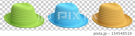 Set of woven straw hats shown from different angles isolated on white background, showcasing summer fashion accessories Set of woven straw hats shown from different angles isolated on white background, showcasing summer fashion accessories 134548519