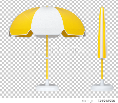 Set of striped beach umbrellas for summer getaways isolated on white background. 134548530