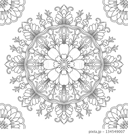 Intricate floral mandala ornament for adult coloring page and zen meditation line art Intricate floral mandala ornament for adult coloring page and zen meditation line art 134549007