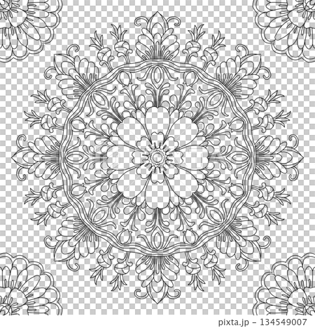 Intricate floral mandala ornament for adult coloring page and zen meditation line art Intricate floral mandala ornament for adult coloring page and zen meditation line art 134549007