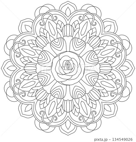 Beautiful rose flower mandala line art for adult coloring page and zen meditation relaxation 134549026