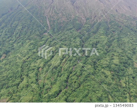 桜島山の南岳中腹の土石流の侵食溝の空撮 桜島山の南岳中腹の土石流の侵食溝の空撮 134549083
