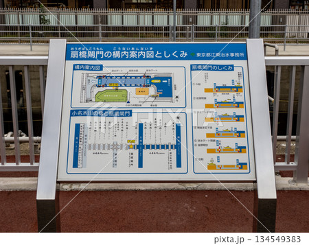 小名木川に設置された「扇橋閘門」の説明看板(東京都江東区) 小名木川に設置された「扇橋閘門」の説明看板(東京都江東区) 134549383