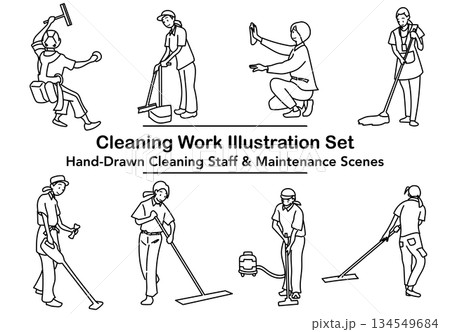 イラスト素材: 清掃スタッフの作業シーンを線画で表現したイラストセット 134549684