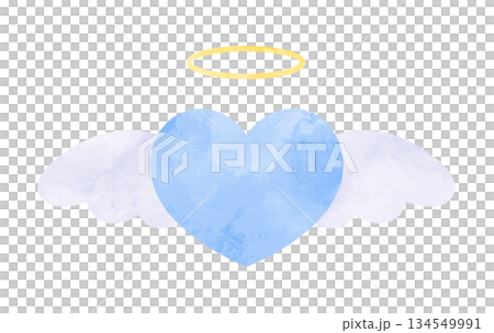 天使の羽と輪がついたシンプルなハートの手描き水彩イラスト 水色 134549991