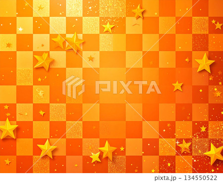 爽やかなオレンジ色と星々が織りなす手描き風タイルのチェック模様背景 134550522