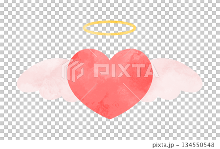 Hand-drawn watercolor illustration of a simple heart with angel wings and a halo, red 134550548